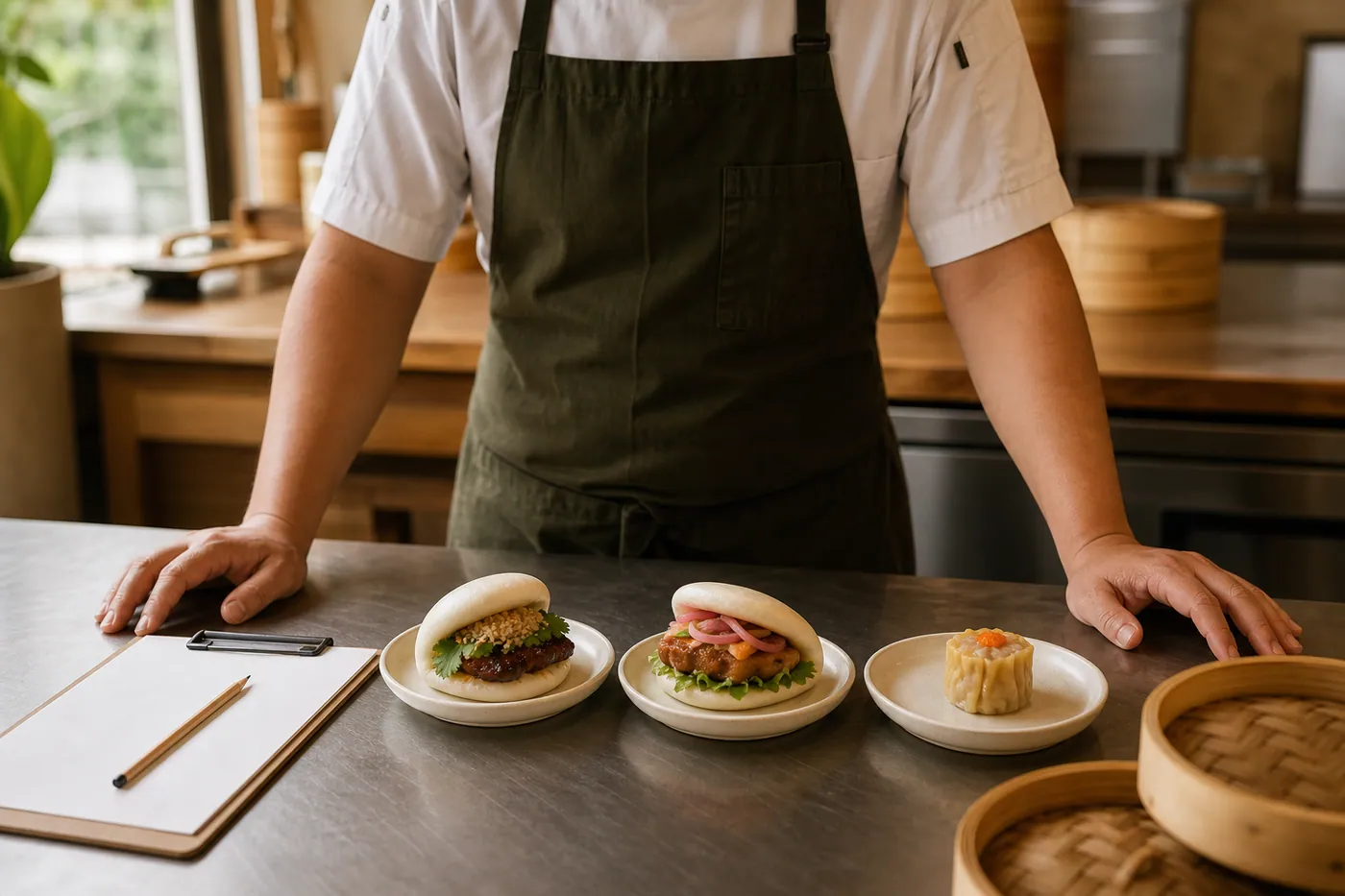 Restaurant chef evaluating frozen bao and dim sum samples for a foodservice menu