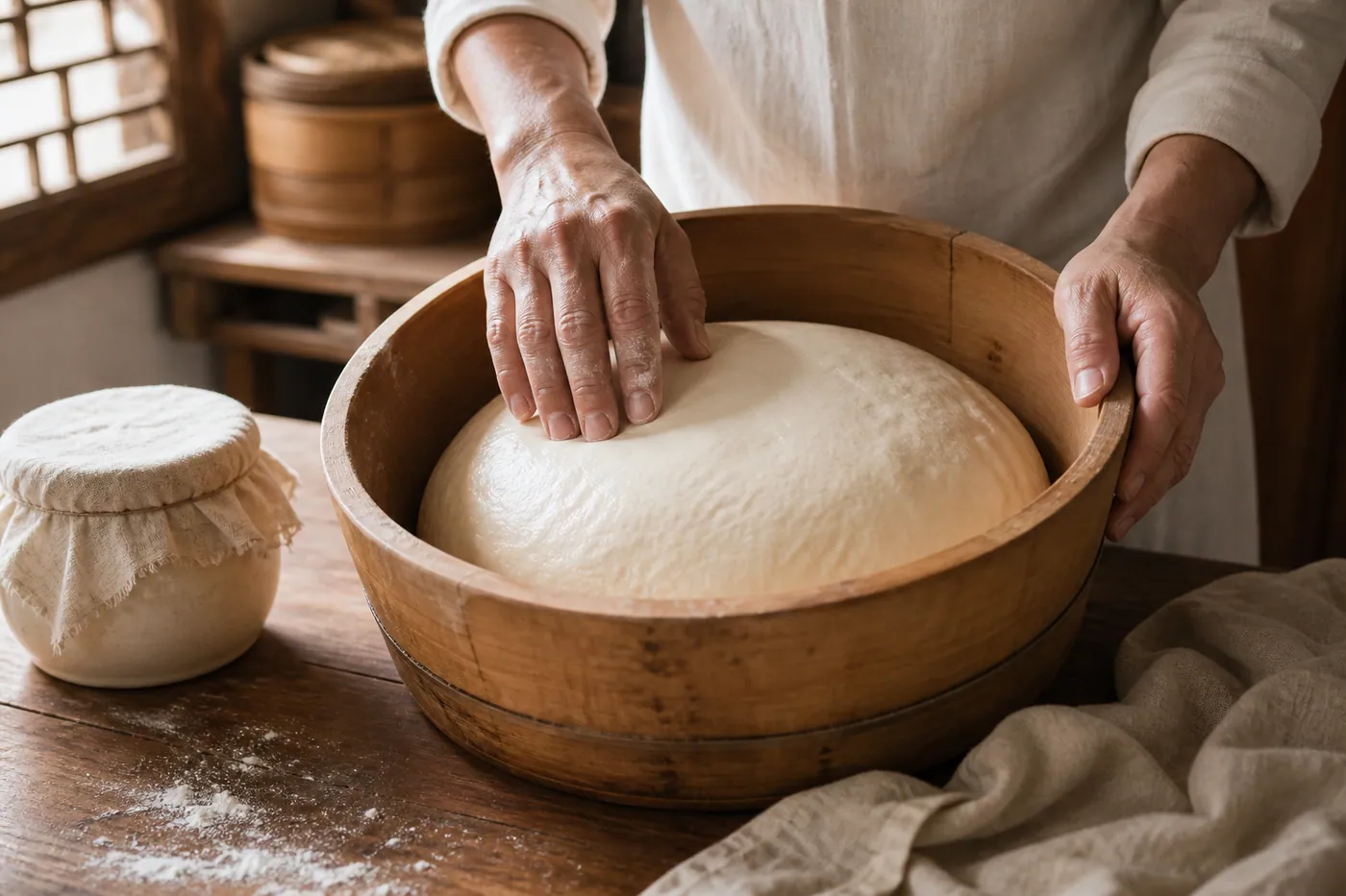 Baker checking traditionally fermented old dough in a wooden bowl for bao production