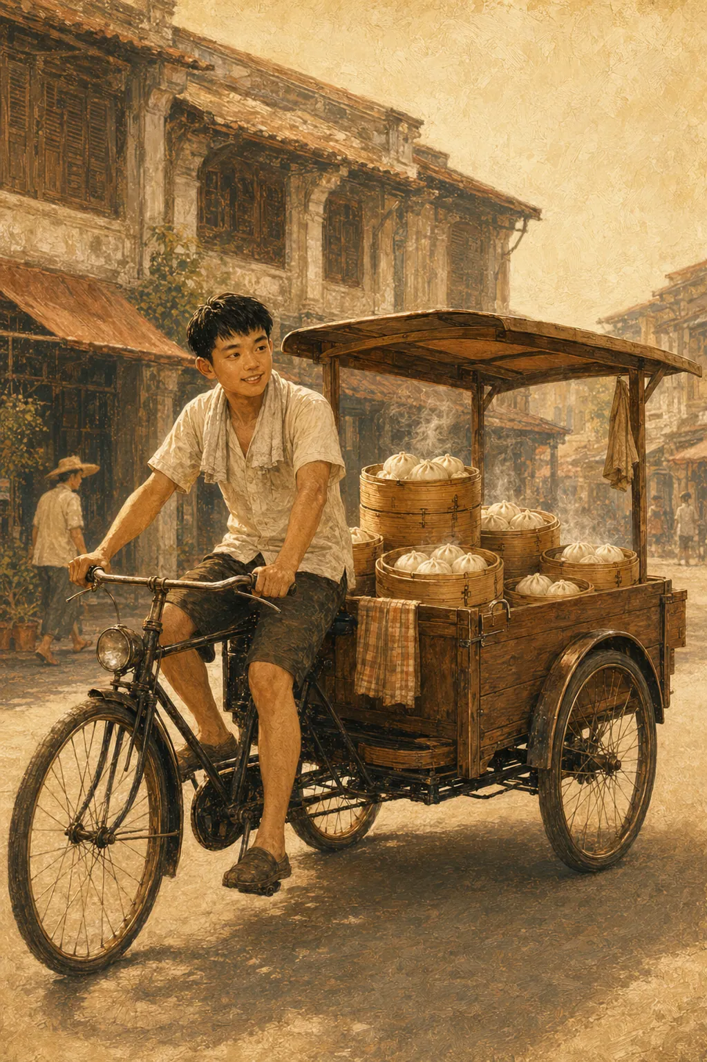 Foo Chow Kluang bao heritage since 1982 — 男孩骑着载满包子蒸笼的三轮车